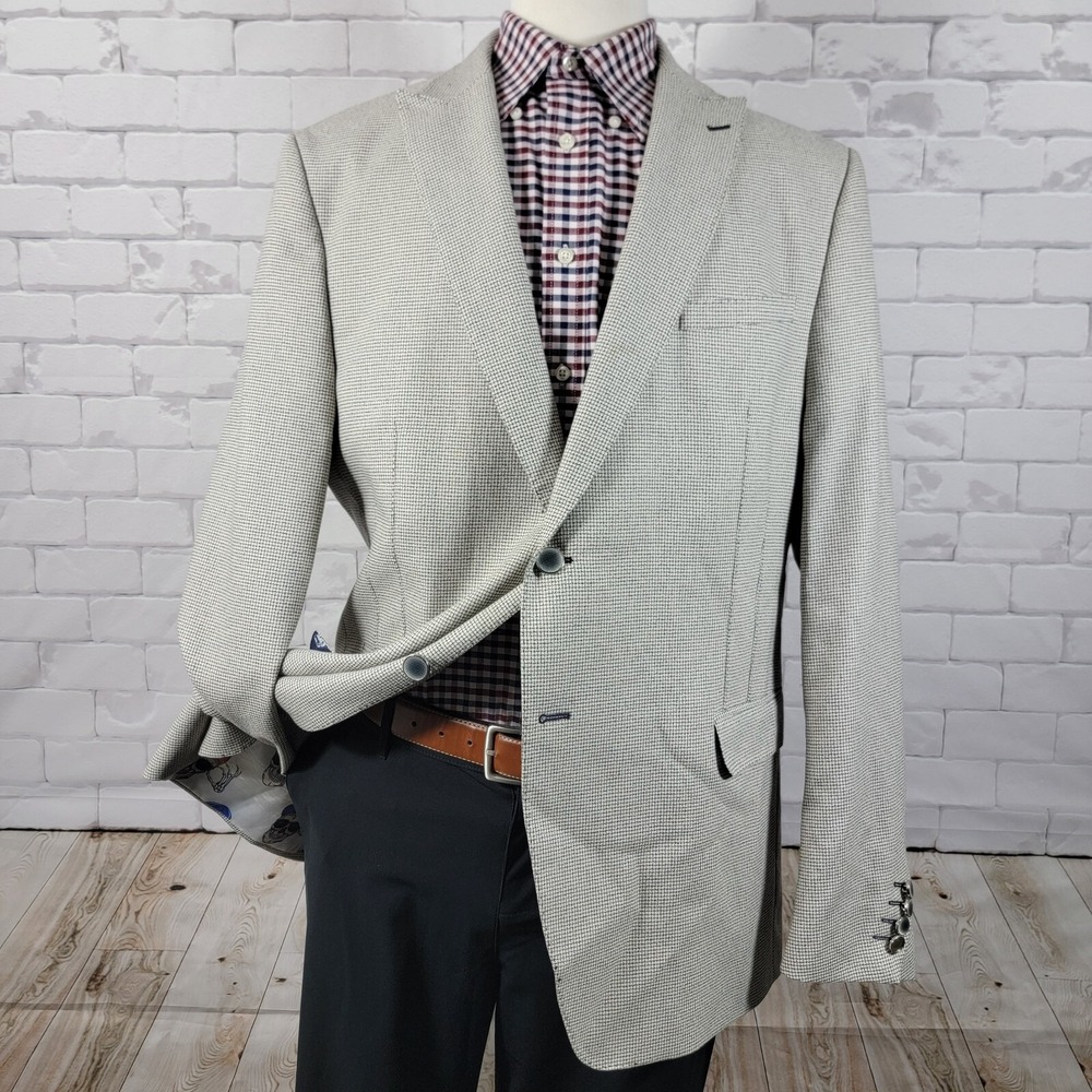 Maceoo Men's Blazer Bethoven Grid‎ White Two Button Checked Poly Blend Size 48L